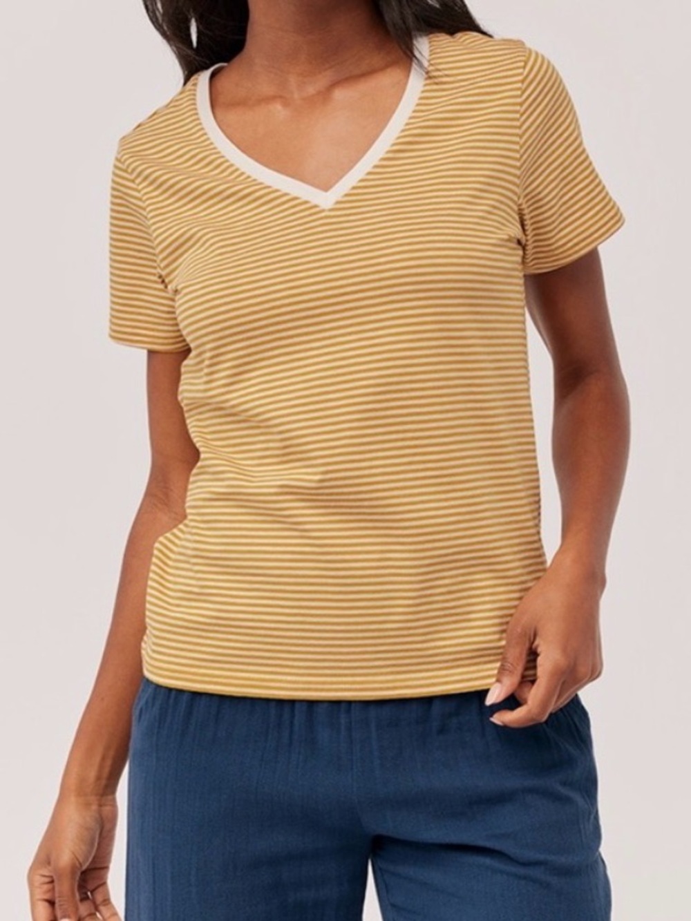 Pact Softspun V Neck Organic Cotton yellow and white stripe tee size small